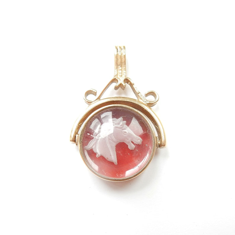 Vintage 9ct Gold Carnelian Horse Intaglio Pendant Fob