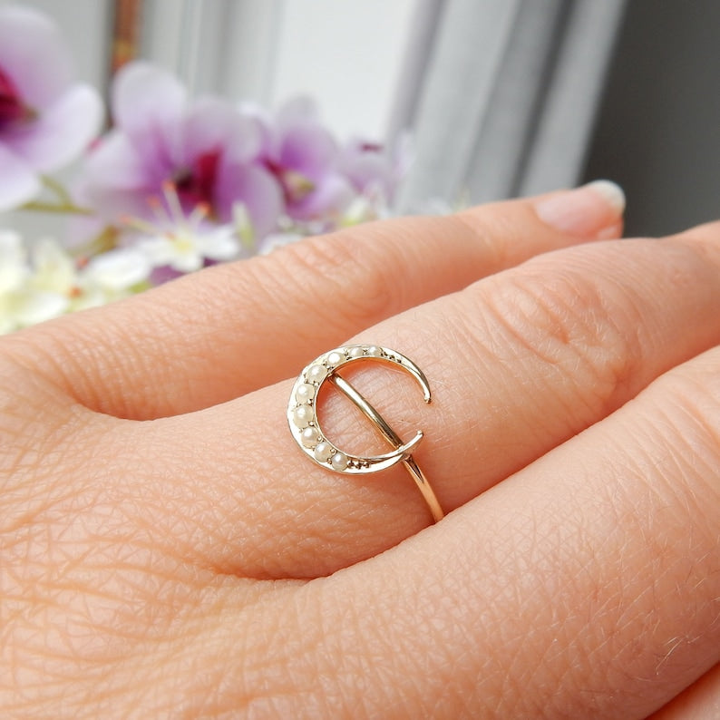 Dainty Edwardian 9ct Gold Seed Pearl Moon Ring