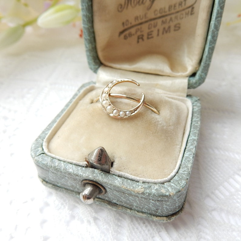 Dainty Edwardian 9ct Gold Seed Pearl Moon Ring