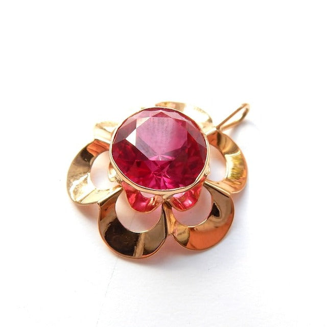 Vintage 14ct Gold Fuschia Pink Flower Pendant