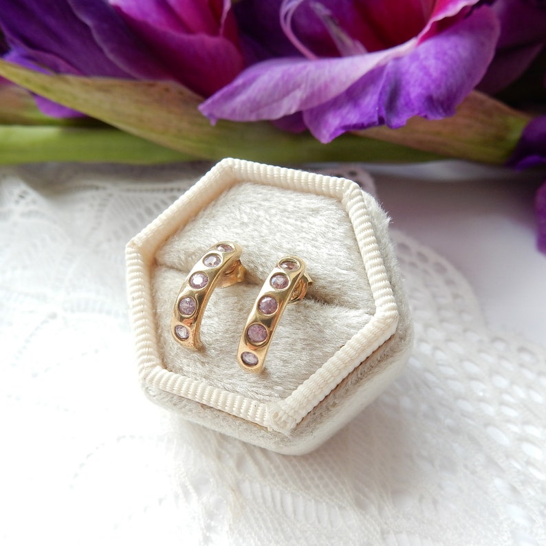 Vintage 9ct Gold Amethyst Huggy Hoop Earrings