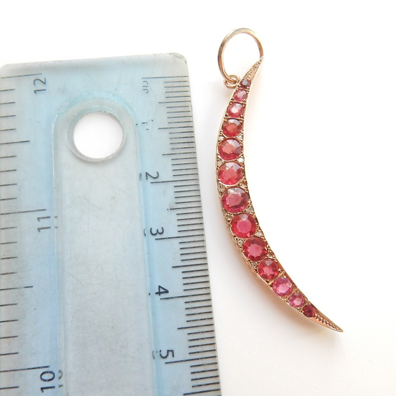 Antique 9ct Gold Ruby Glass & Diamond Crescent Moon Pendant