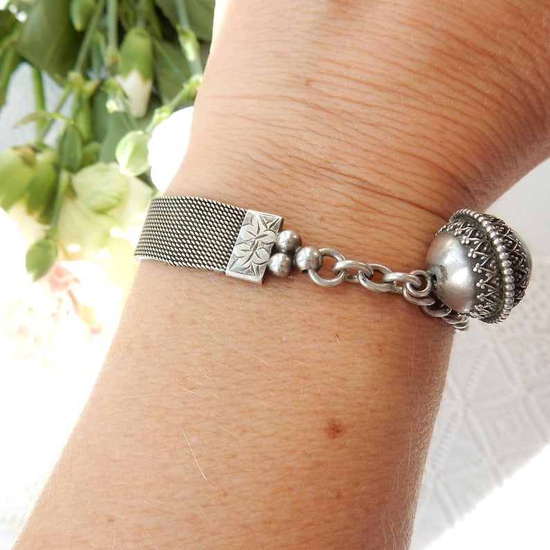 Antique Solid Silver Watch Chain Bracelet with Dog Clip
