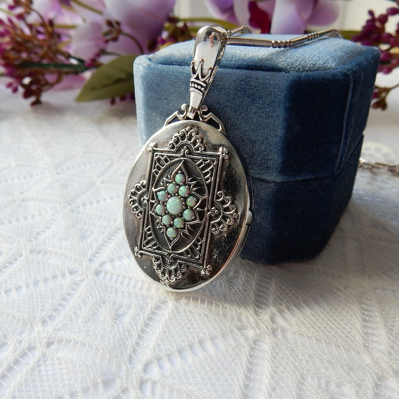 Sterling Silver Opal Victorian Style Locket
