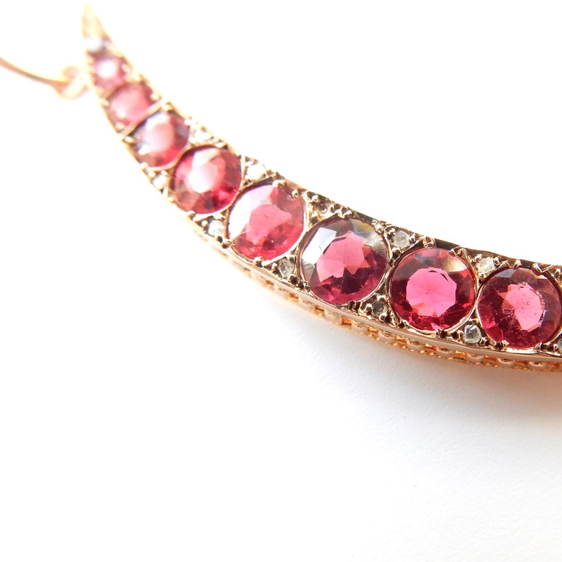 Antique 9ct Gold Ruby Glass & Diamond Crescent Moon Pendant