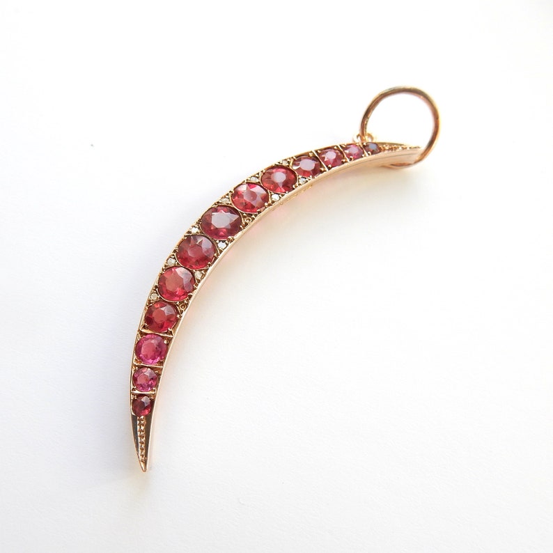 Antique 9ct Gold Ruby Glass & Diamond Crescent Moon Pendant