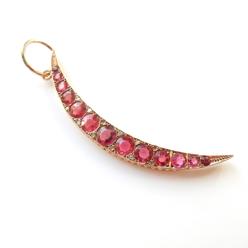 Antique 9ct Gold Ruby Glass Diamond Crescent Moon Pendant
