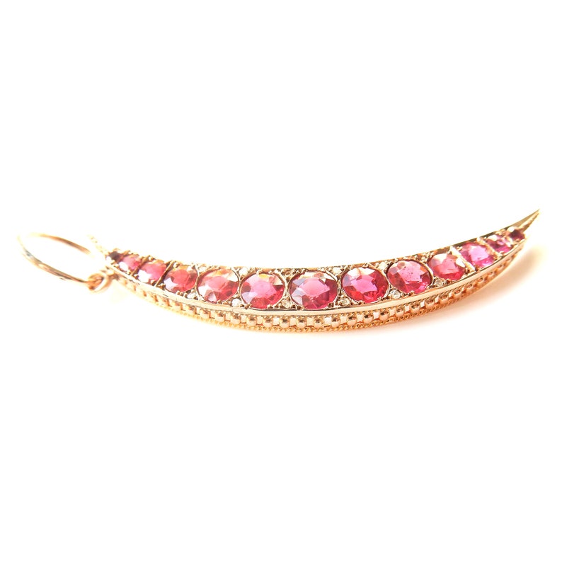 Antique 9ct Gold Ruby Glass & Diamond Crescent Moon Pendant