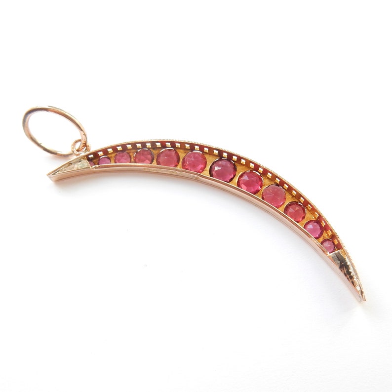 Antique 9ct Gold Ruby Glass & Diamond Crescent Moon Pendant