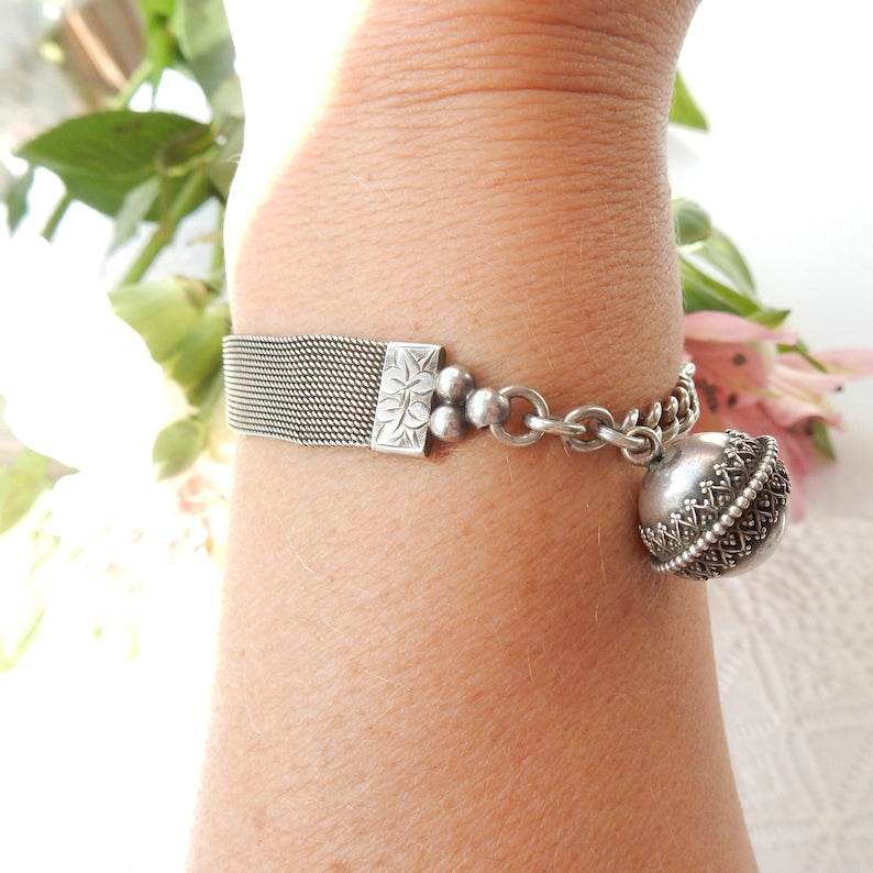 Antique Solid Silver Watch Chain Bracelet with Dog Clip