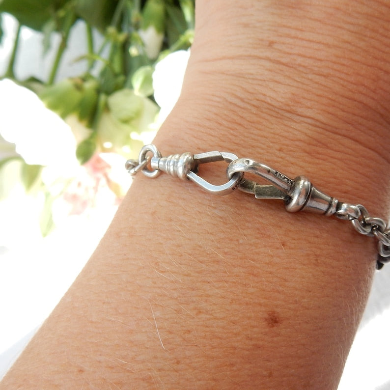 Antique Solid Silver Watch Chain Bracelet with Dog Clip