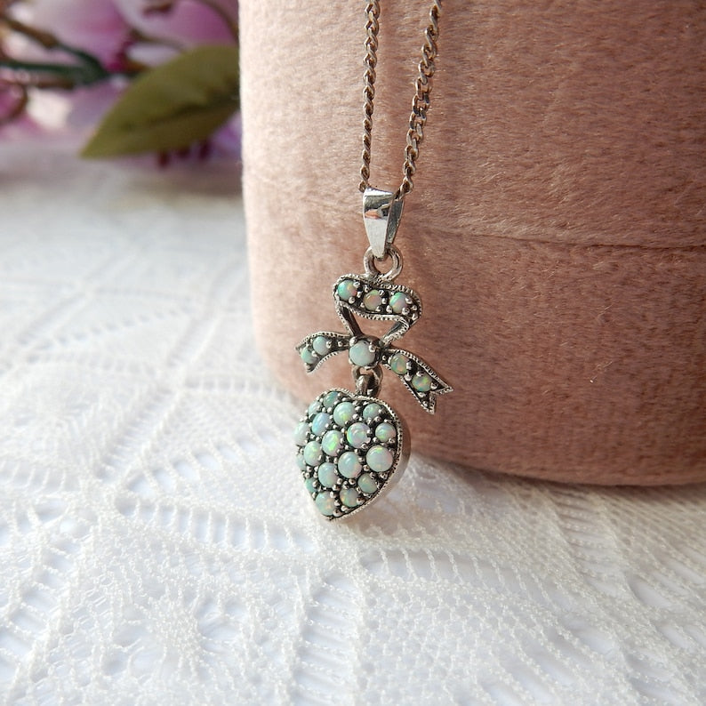 Victorian style Opal Sweetheart Pendant in Sterling Silver