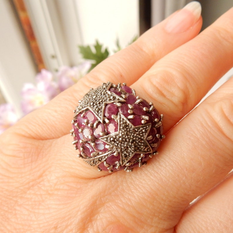 Unique Vintage Sterling Silver Ruby Celestial Star Ring