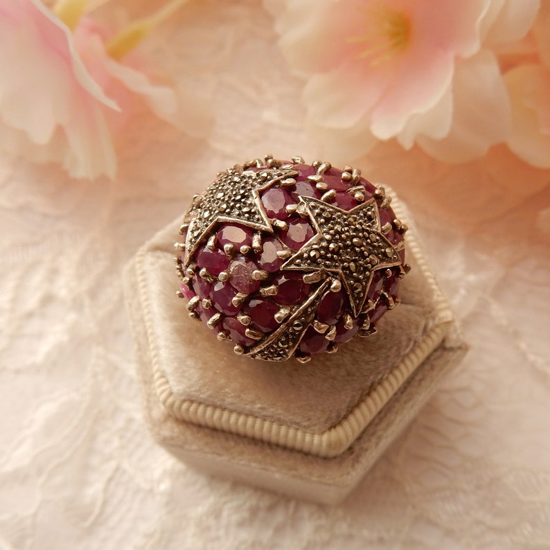 Unique Vintage Sterling Silver Ruby Celestial Star Ring