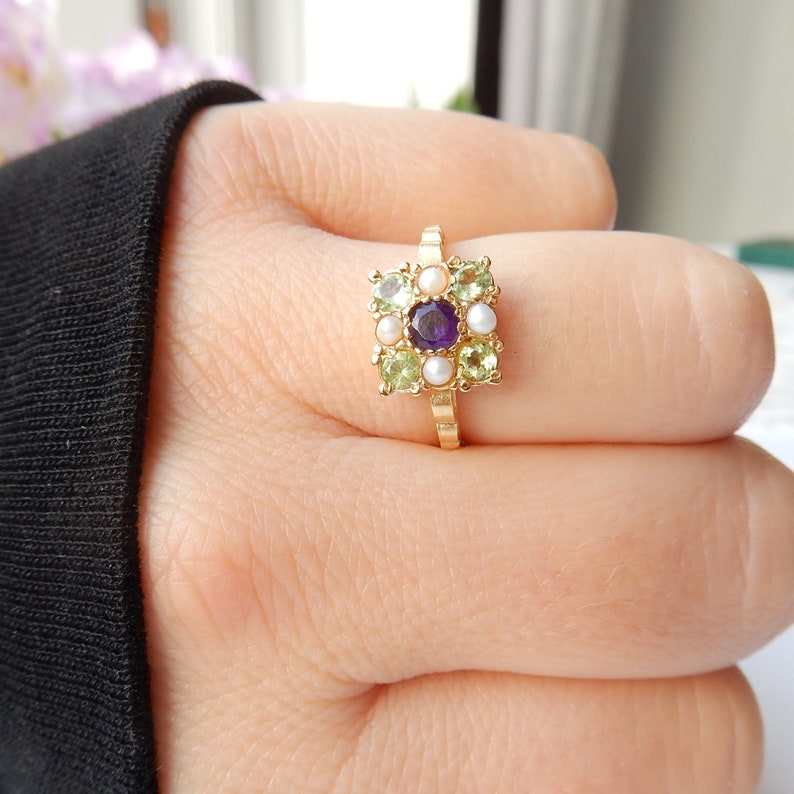 Pretty Sterling Silver Vermeil Peridot Pearl & Amethyst Ring