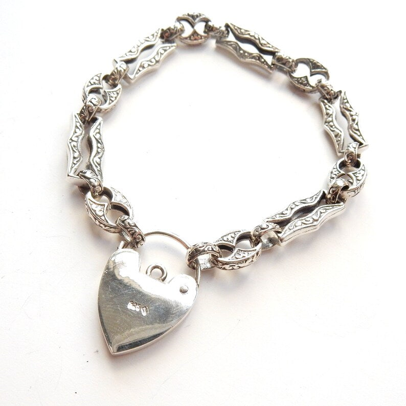 Vintage Sterling Silver Embossed Bracelet with Heart Padlock Catch