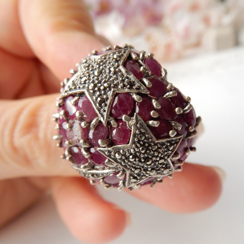 Unique Vintage Sterling Silver Ruby Celestial Star Ring