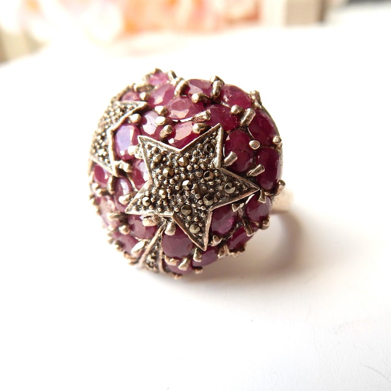 Unique Vintage Sterling Silver Ruby Celestial Star Ring