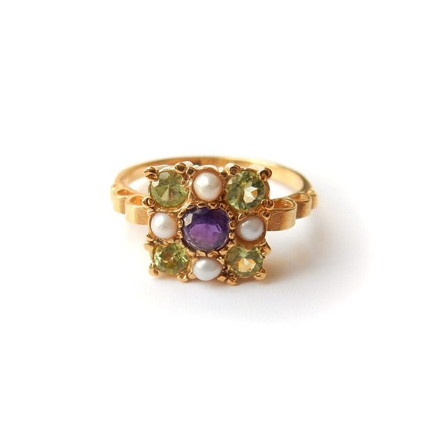 Pretty Sterling Silver Vermeil Peridot Pearl & Amethyst Ring