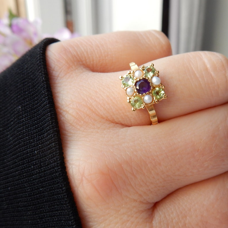 Pretty Sterling Silver Vermeil Peridot Pearl & Amethyst Ring