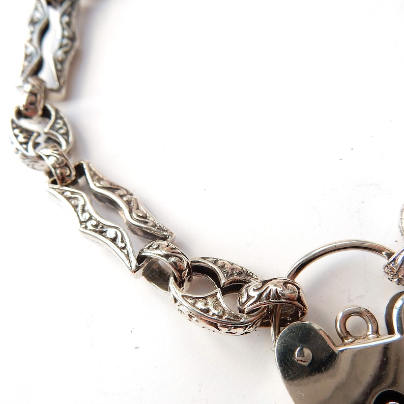 Vintage Sterling Silver Embossed Bracelet with Heart Padlock Catch