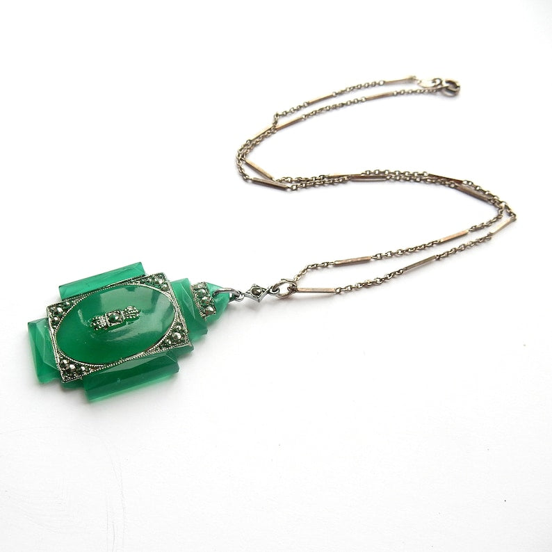 Art Deco 1930s Chalcedony & Marcasite Pendant with Chain