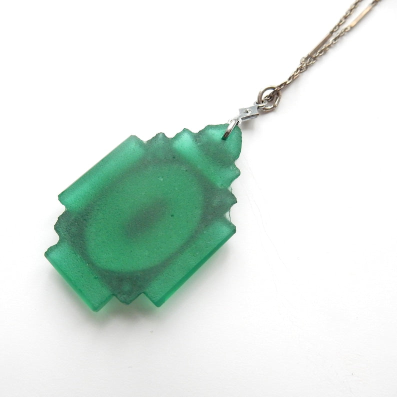 Art Deco 1930s Chalcedony & Marcasite Pendant with Chain