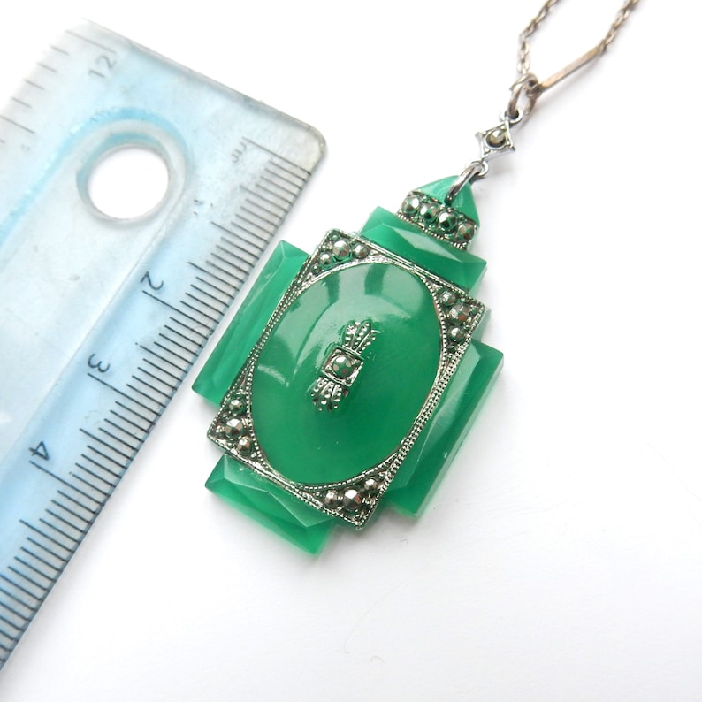 Art Deco 1930s Chalcedony & Marcasite Pendant with Chain