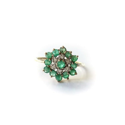 Vintage 9ct Gold Emerald & Diamond Cluster Ring