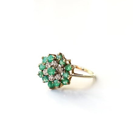 Vintage 9ct Gold Emerald & Diamond Cluster Ring