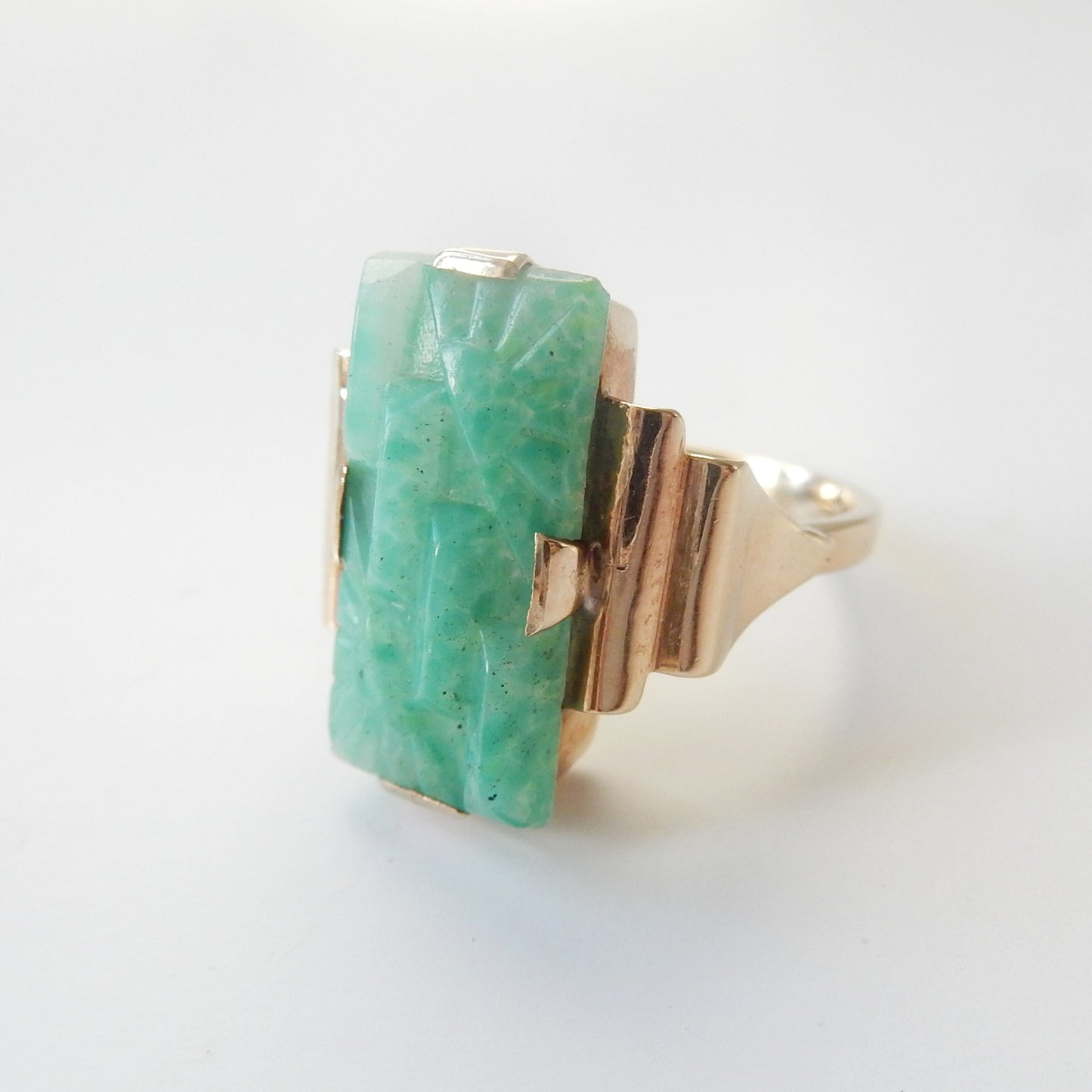 Art Deco 9ct Gold Carved Jade Ring US Size 6 UK N