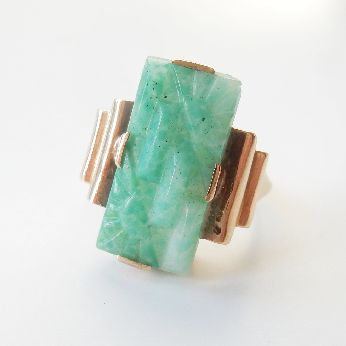Art Deco 9ct Gold Carved Jade Ring US Size 6 UK N