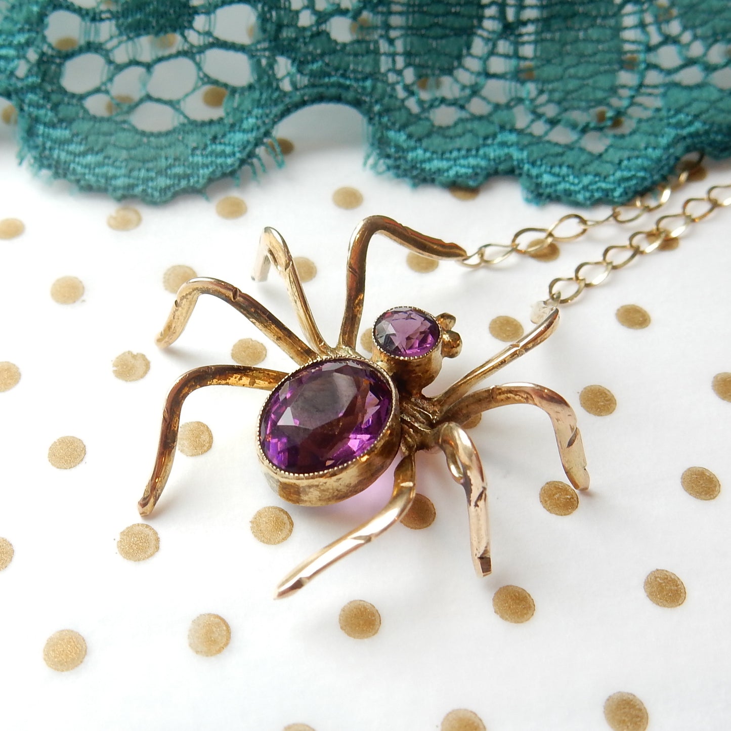 Antique Edwardian 9k Yellow Gold Amethyst Spider Necklace Brooch Conversion