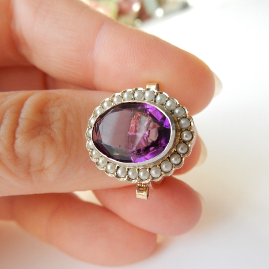 Antique Silver & 9ct Gold Amethyst Pearl Ring