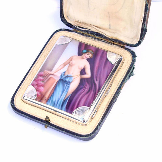 Rare 1920s Art Deco Sterling Silver Erotica Enamel Cigarette Case by Joseph Gloster