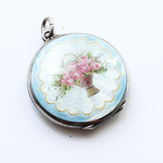 Antique French Silver Guilloche Enamel Flower Locket