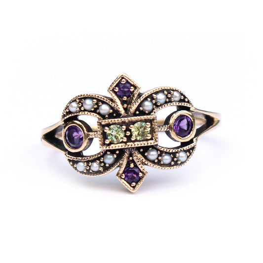9ct Gold Victorian Style Amethyst Peridot & Pearl Fleur Di Lis Ring