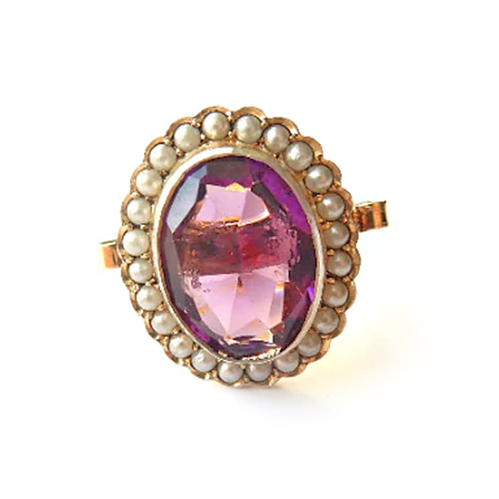 Antique Silver & 9ct Gold Amethyst Pearl Ring