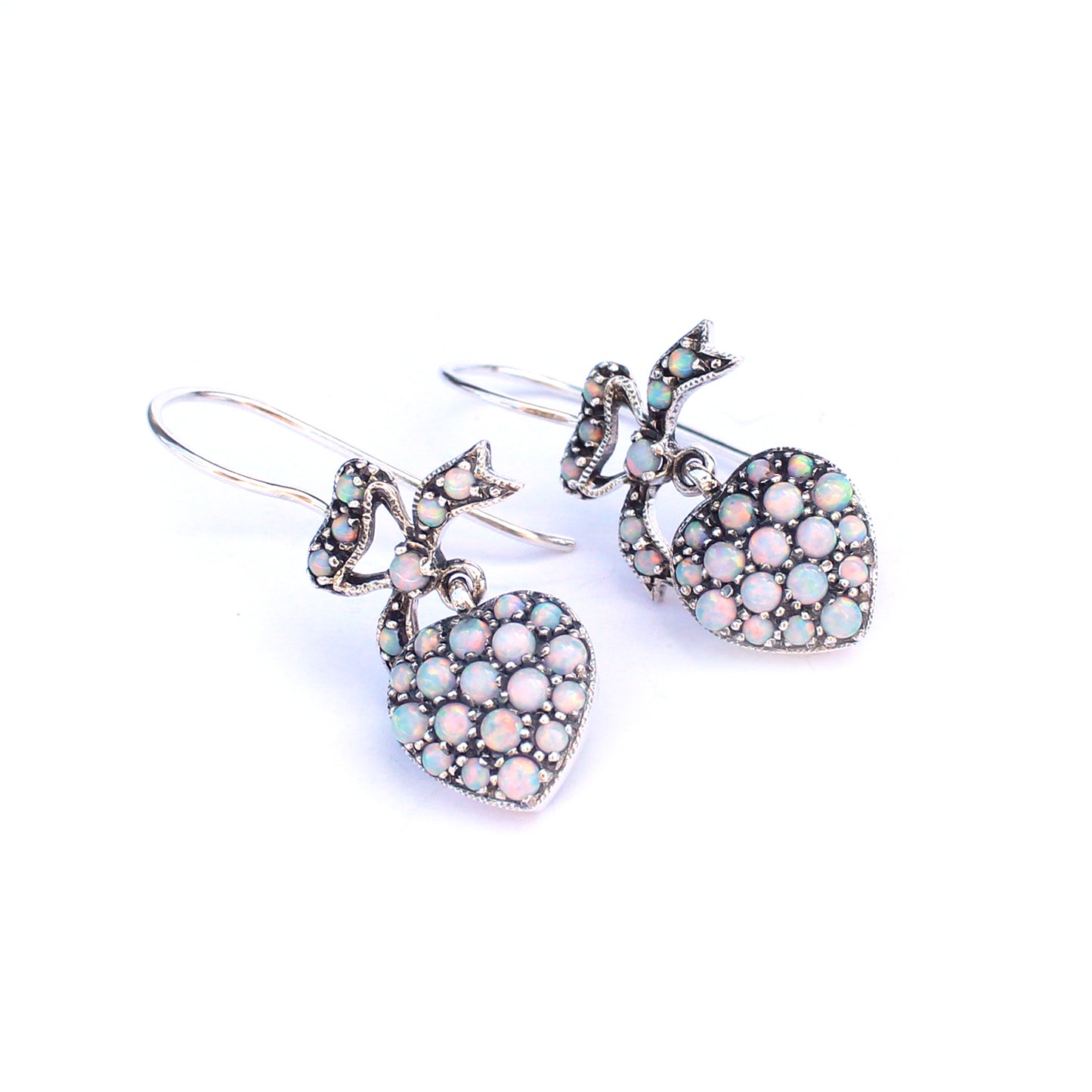 Victorian Style Sterling Silver Opal Heart Earrings