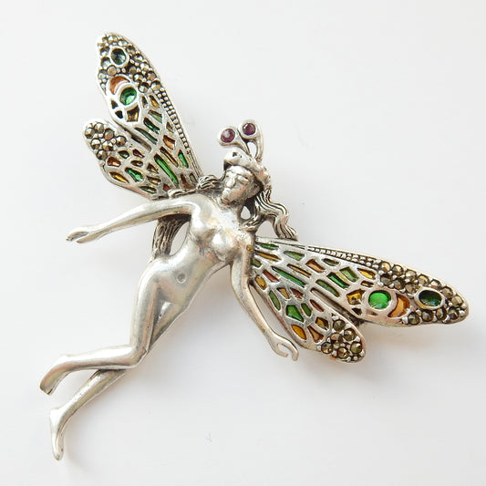 Vintage Solid Silver Enamel Fairy Brooch