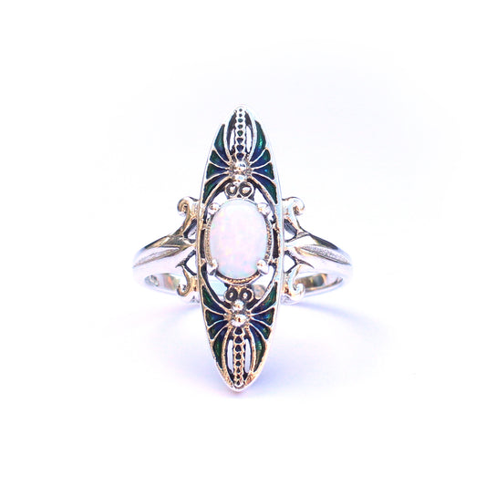 Sterling Silver Opal & Blue Enamel Navette Ring