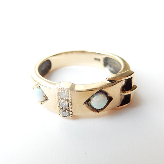 9ct Gold Opal & Diamond Buckle Ring