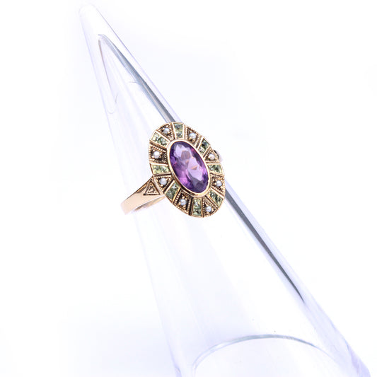 9ct Gold Amethyst Peridot & Pearl Suffragette Style Ring