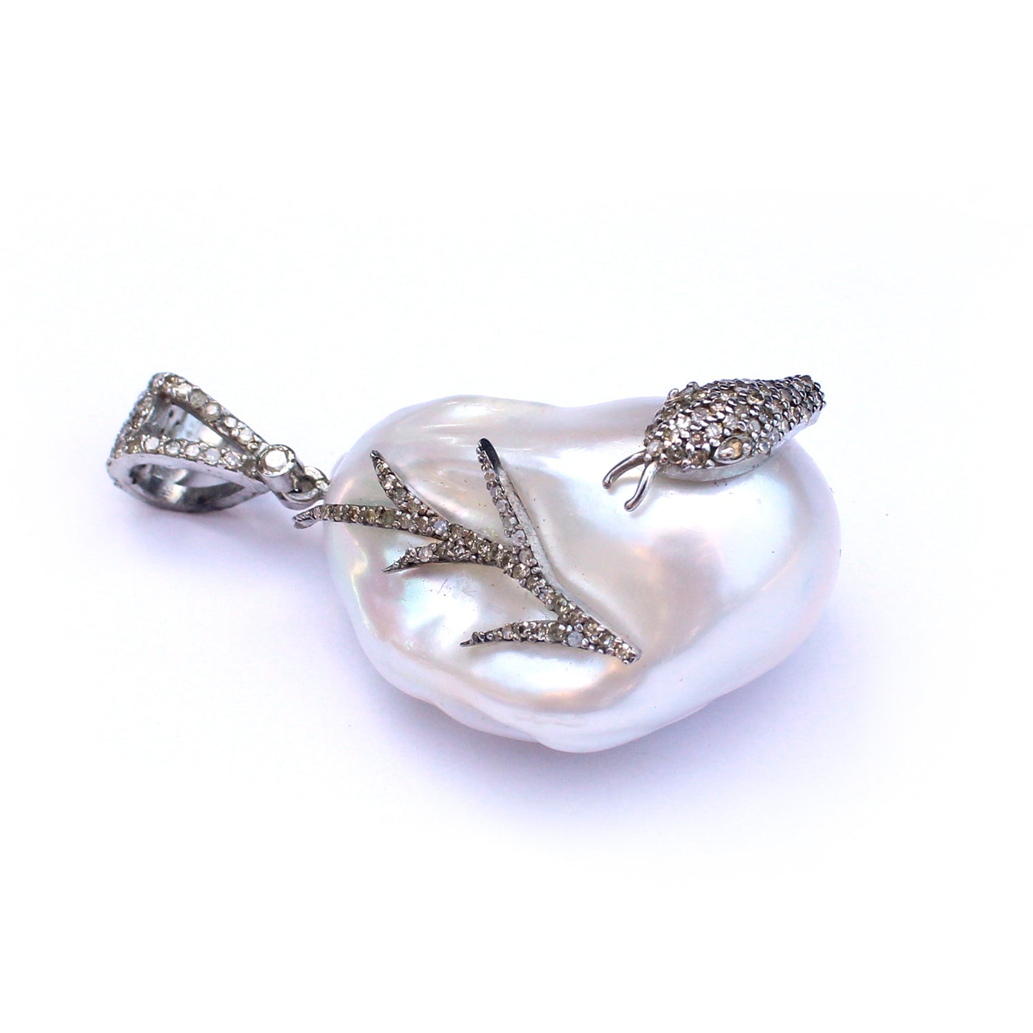 Sterling Silver Diamond Snake encrusted Baroque Pearl Pendant