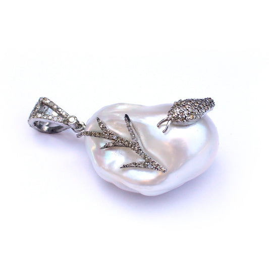 Sterling Silver Diamond Snake encrusted Baroque Pearl Pendant