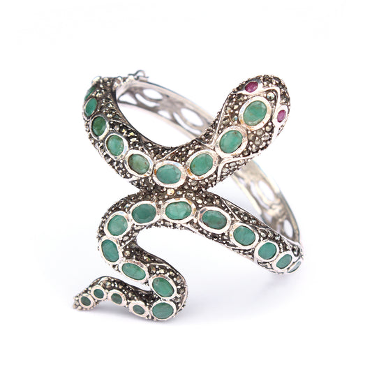 Sterling Silver Emerald Ruby Marcasite Snake Cuff Bracelet