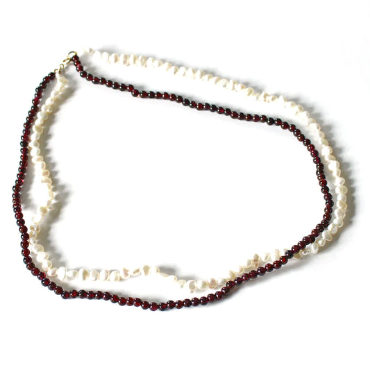 Vintage Two-Strand Pearls & Garnet Necklacewith 9ct Gold Catch