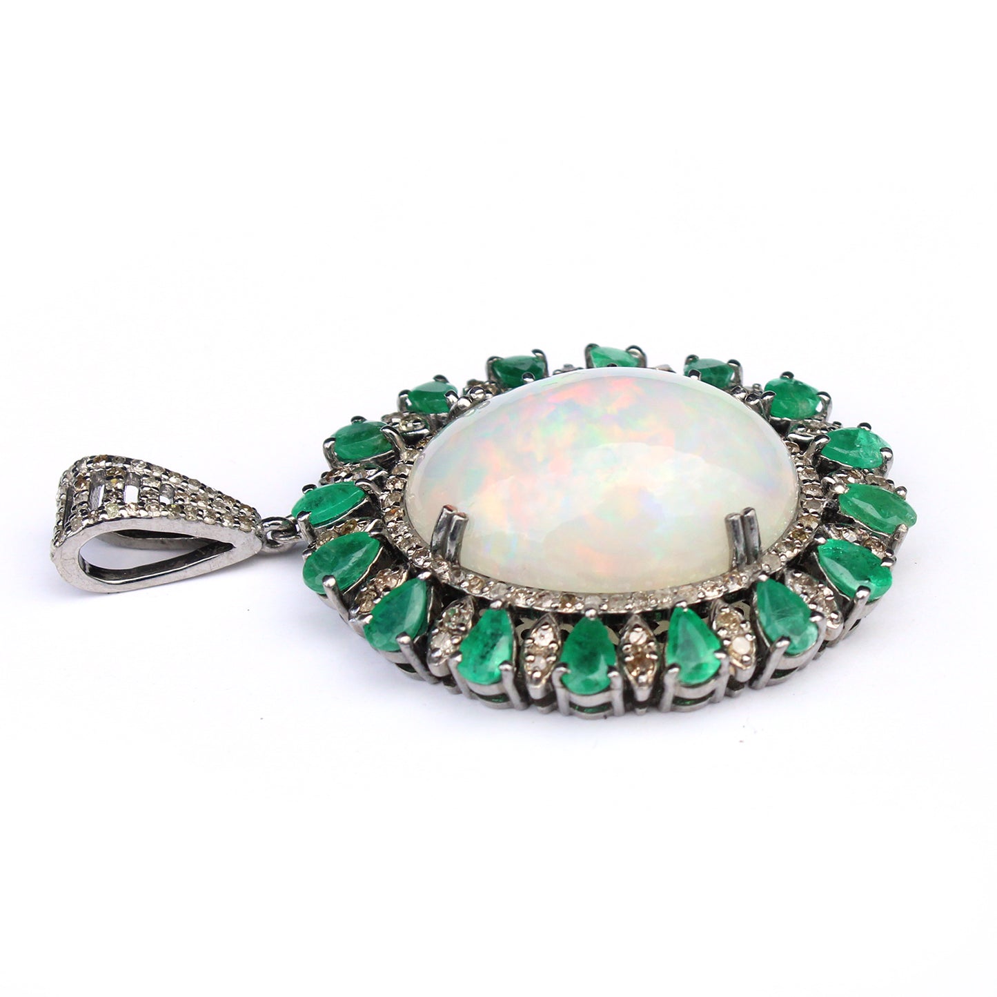 Large Sterling Silver Opal Emerald & Diamond Encrusted Pendant