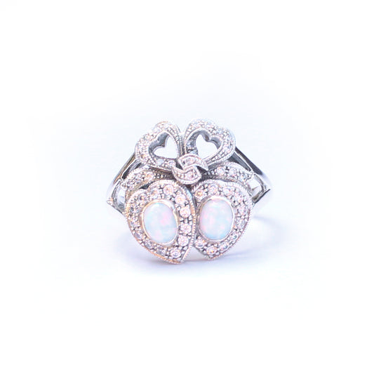 Sterling Silver Opal Cubic Zirconia Double Heart Victorian Style Ring