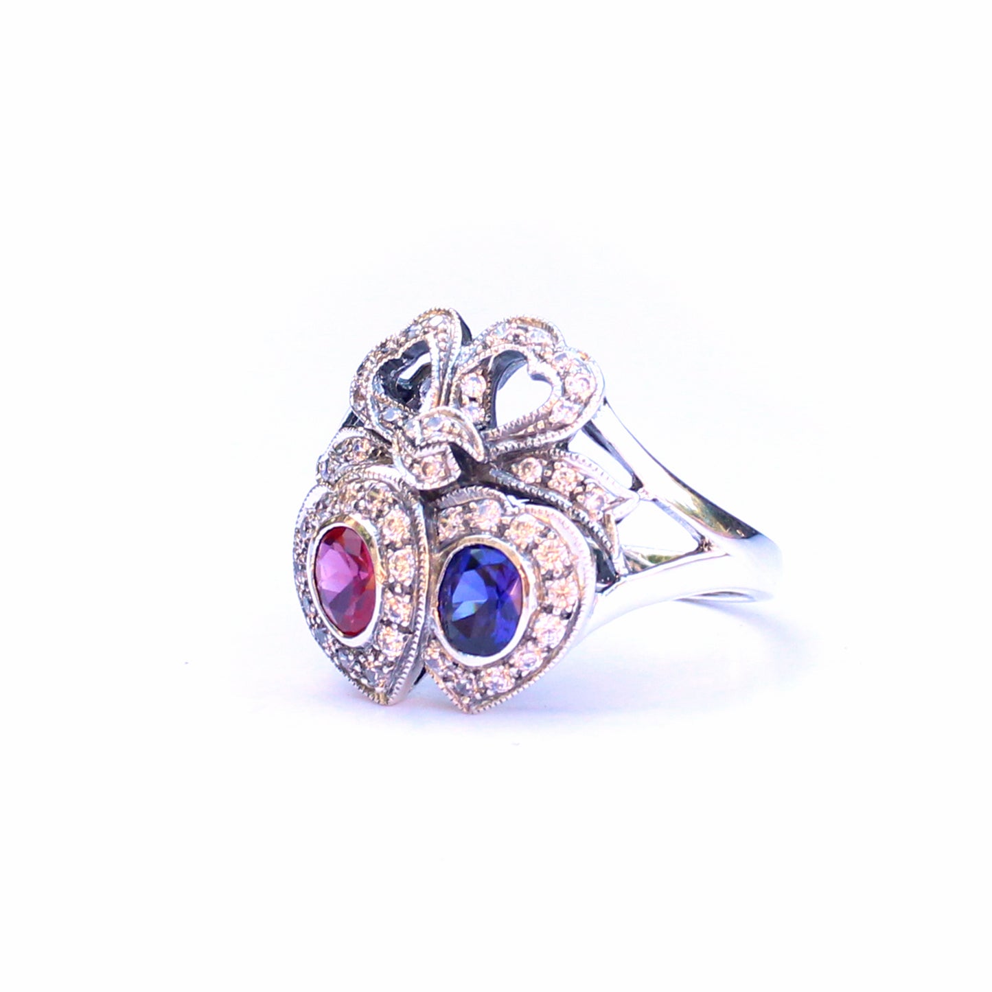 Sterling Silver Victorian Style Sapphire & Ruby Sweetheart Ring